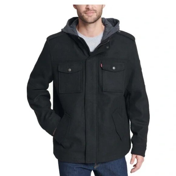 Levi's Men's Wool Blend Four Pocket Military Hoodie with Jersey Hood - Picture 1 of 16